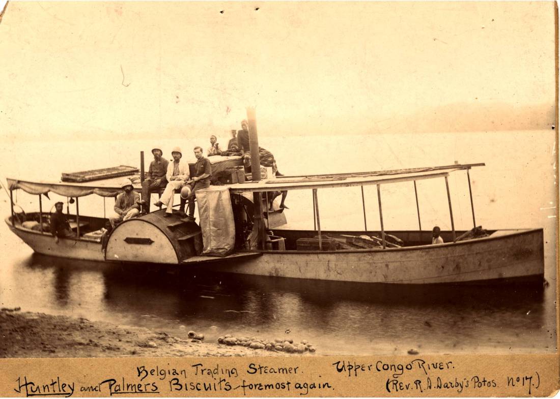 Huntley_&amp;_Palmers_biscuit_tin_on_a_Congo_trading_steamer,_Upper_Congo_River,_c._1890